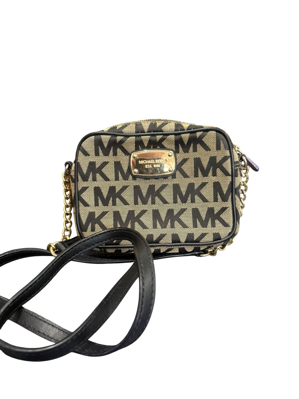 Michael Kors Beige & Black MK Signature Crossbody with Gold Plaque